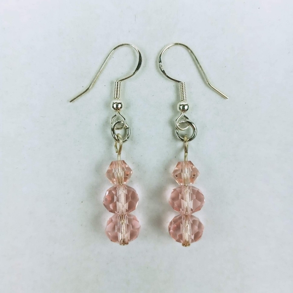 Hand Crafted Jewelry - Simple Light Pink faceted glass bead tiered dangle earrings